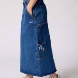 Juniper Embroidered Denim Midi Skirt in Blue by Obey (28)